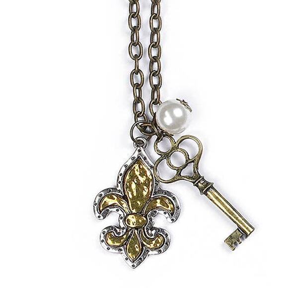 Charm Necklace with Hammered Fleur De Lis Key and Pearl Charms - Picture 1 of 2